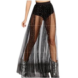 Mesh Long Sheer Stars witchy Whimsigoth Halloween Black Skirt SZ 6